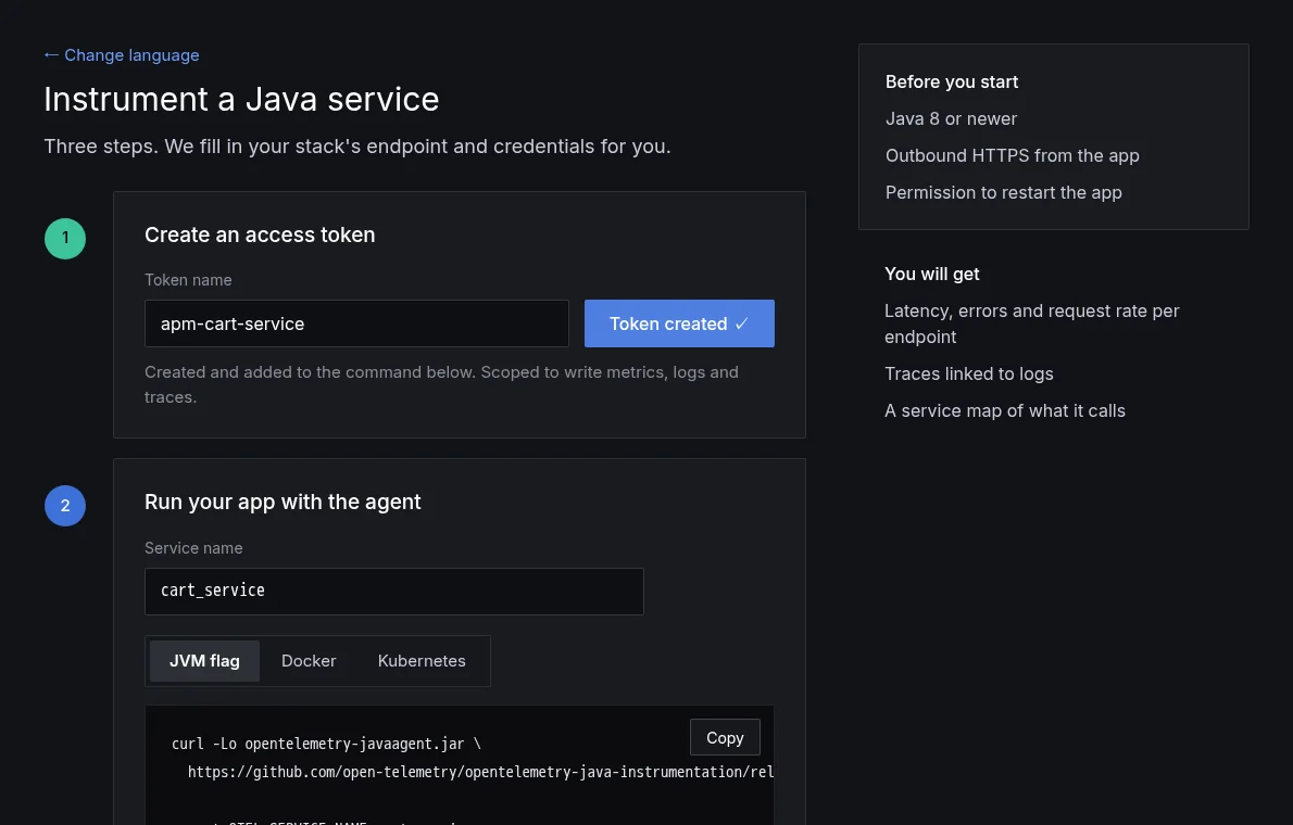 Instrument a Java service, three step cards