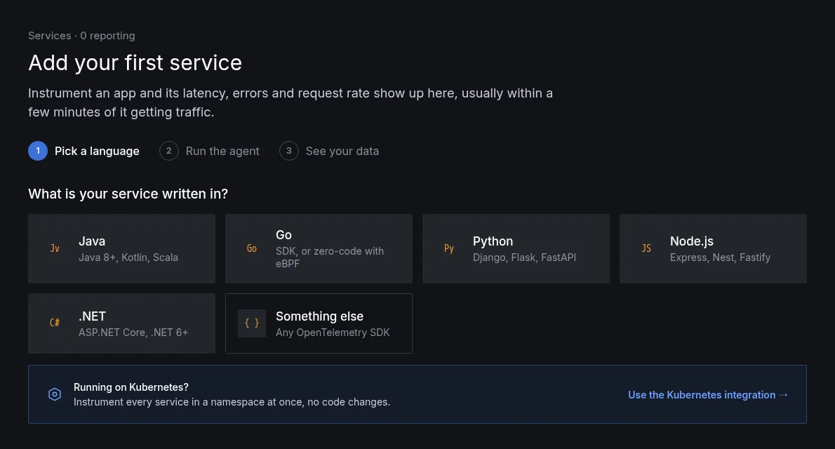 Add your first service, with language cards