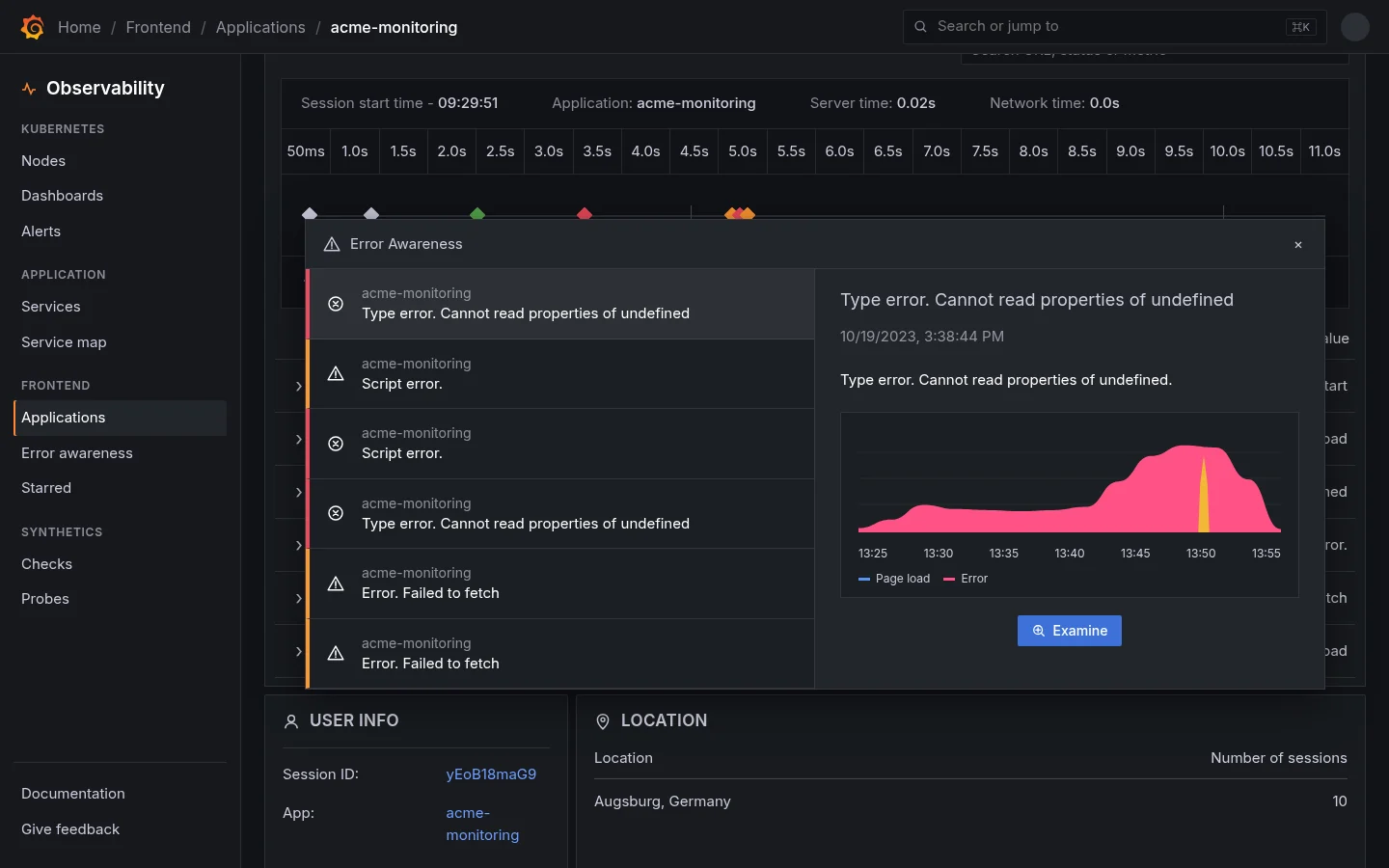 A session timeline with the Error Awareness card open