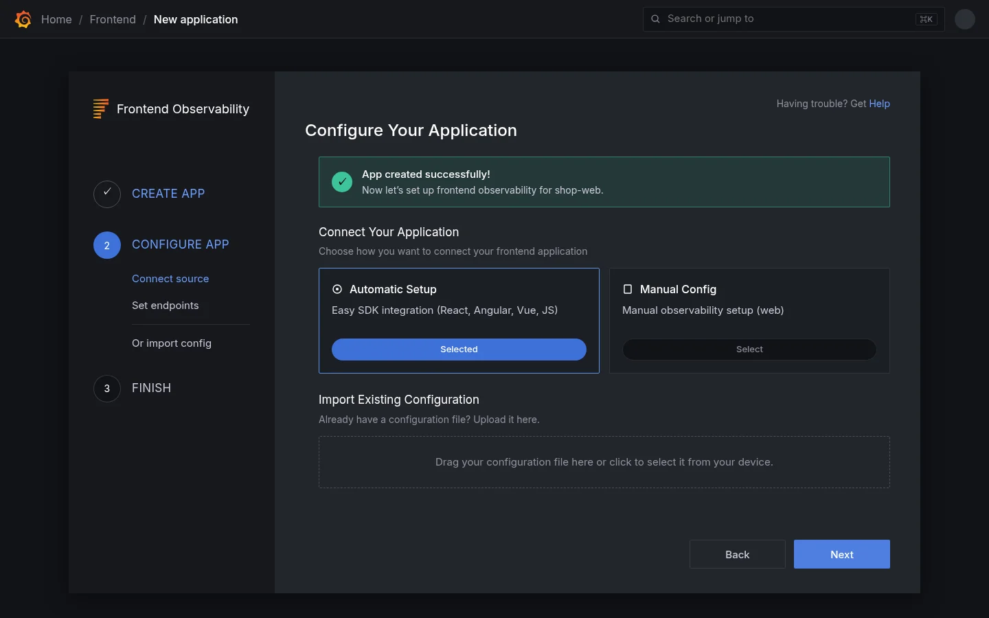 Configure your application, with automatic setup or manual config