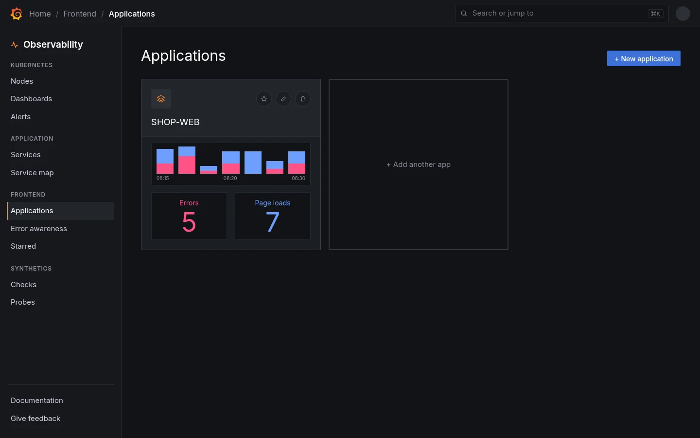 Applications, with the new app's card showing errors and page loads