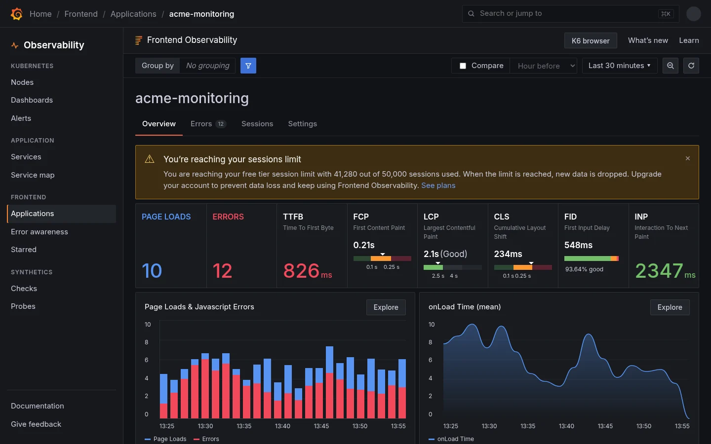 The app overview with page loads, errors and six web vitals